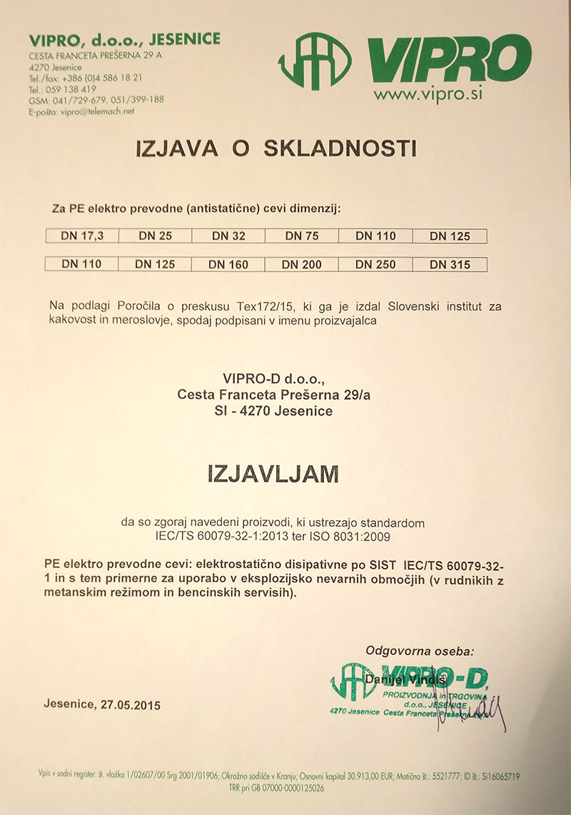 Izjava o skladnosti Vipro d.o.o. Jesenice